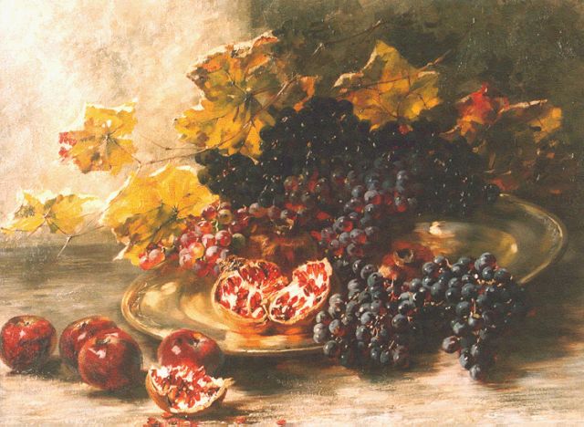 Schultheiss N.  | A still life with grapes and pomegranates, oil on canvas 61.5 x 82.0 cm, signed u.r. and dated 1914