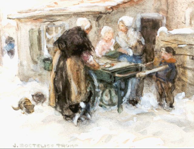 Jan Zoetelief Tromp | Selling fish in winter, watercolour on paper, 14.0 x 18.5 cm, signed l.l.