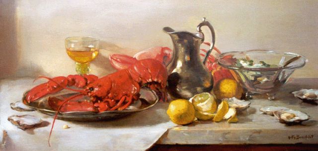 Broedelet-Henkes H.  | A still life with lobster and oysters, oil on panel 33.5 x 71.9 cm, signed l.r.
