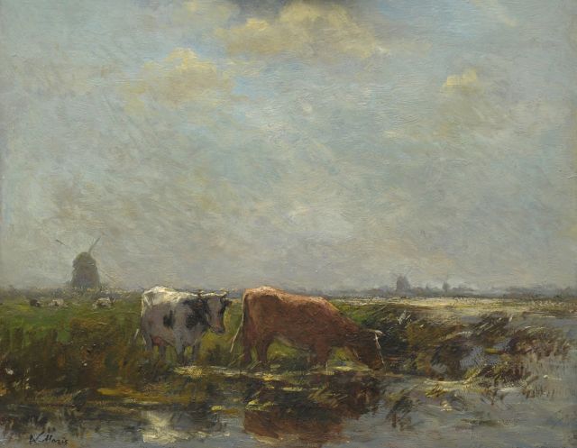 Maris W.  | Polder landscape with cattle and windmills, oil on panel 38.3 x 47.2 cm, signed l.l.