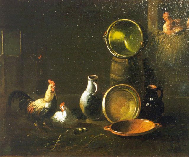 Albertus Verhoesen | Poultry in a stable, oil on panel, 14.0 x 16.6 cm