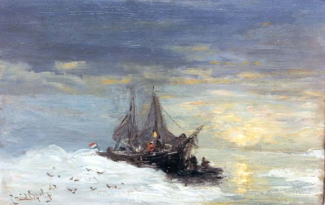 Louis Apol | Shipping by Spitsbergen, oil on canvas laid down on board, 30.5 x 47.5 cm, signed l.l.