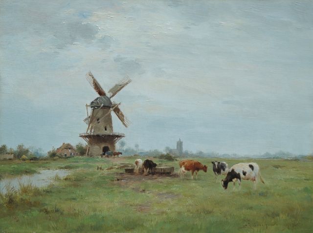 Groenewegen A.J.  | Polder landscape with a windmill and cattle, oil on canvas 30.4 x 40.4 cm, signed l.r.