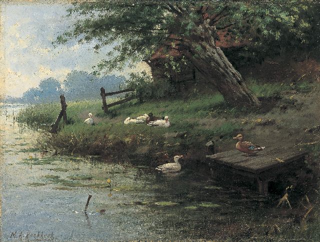 Koekkoek II M.A.  | Ducks on the riverbank, oil on canvas 27.4 x 36.7 cm, signed l.l.