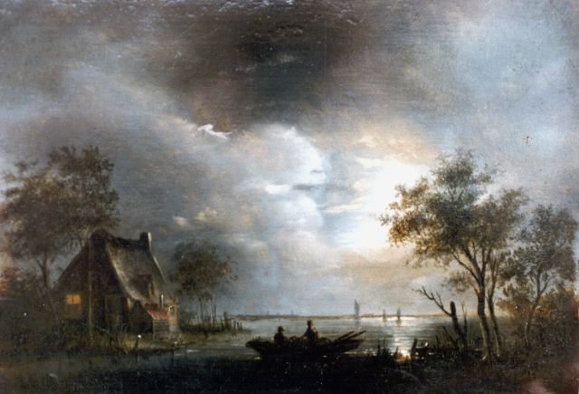 Hendrik Gerrit ten Cate | Fishermen in a moonlit landscape, oil on panel, 20.7 x 30.0 cm, signed l.r.