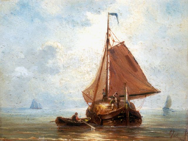 Prooijen A.J. van | A haybarge in an estuary, oil on panel 14.7 x 18.8 cm, signed l.r.