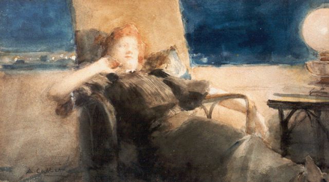 Calbet A.  | An elegant lady sleeping, pastel and watercolour on paper 17.3 x 30.7 cm, signed l.l.