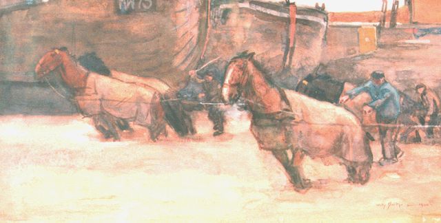 Sluiter J.W.  | Marching in 'bomschuiten', watercolour on paper 24.0 x 47.0 cm, signed l.r. and dated 1900