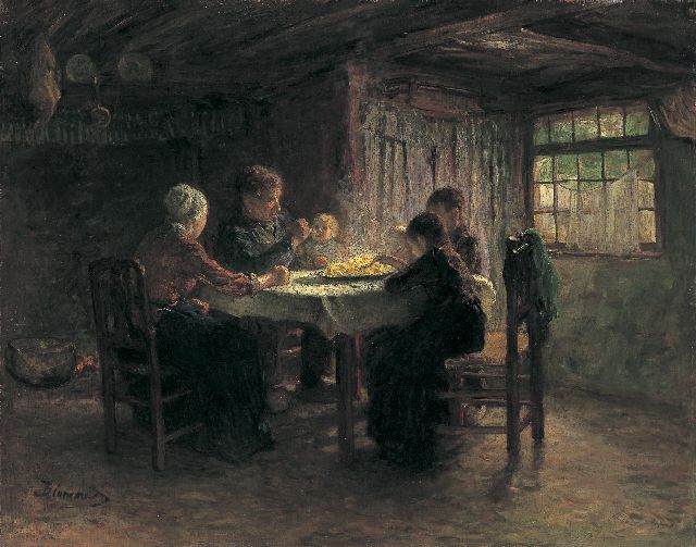 Bernard Blommers | A family supper, Heeze, oil on canvas, 76.1 x 97.0 cm, signed l.l.