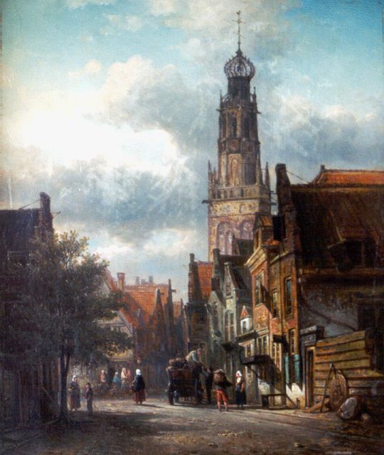 Elias Pieter van Bommel | A sunlit street the 'Bakenesserkerk' beyond, Haarlem, oil on canvas, 47.3 x 39.7 cm, signed l.r.