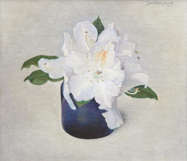 Jan Wittenberg | White rododendron in a blue vase, oil on canvas laid down on panel, 20.6 x 23.5 cm, signed u.r. and reverse