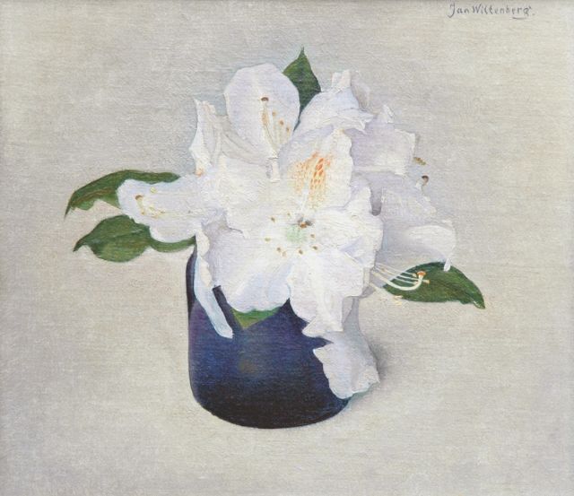 Wittenberg J.H.W.  | White rododendron in a blue vase, oil on canvas laid down on panel 20.6 x 23.5 cm, signed u.r. and reverse