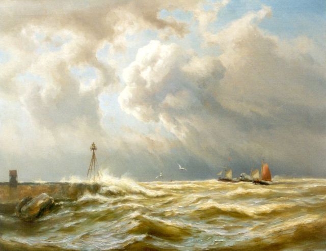 Koekkoek J.H.B.  | Sailing vessels and a paddle-steamer on stormy seas near IJmuiden, oil on canvas 63.5 x 80.5 cm, signed l.l.