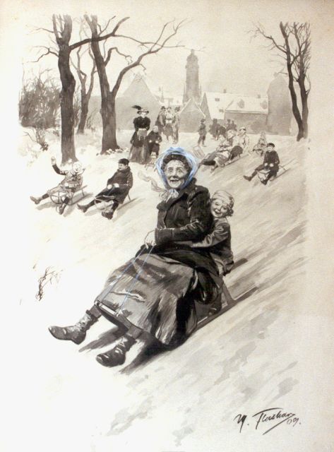 Flashar B.M.  | Sledging downhill, watercolour on paper 56.0 x 37.5 cm, signed l.r. and dated '09