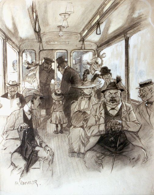Roeseler A.  | Grandfather and child in a tram, gouache and charcoal on paper 69.0 x 54.0 cm, signed l.l.