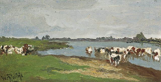 Willem Roelofs | Cows on the riverbank, oil on canvas, 24.0 x 44.2 cm, signed l.l.