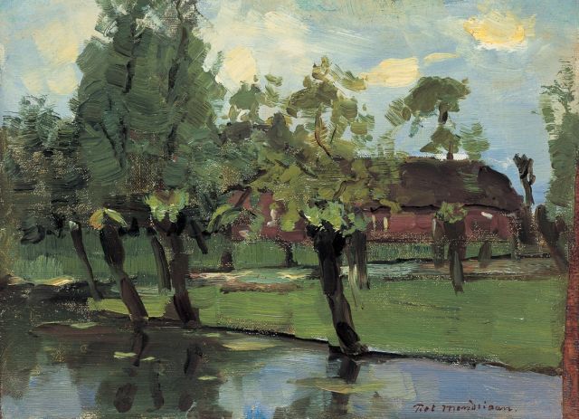 Mondriaan P.C.  | A farm along a waterway, oil on canvas laid down on panel 23.5 x 32.0 cm, signed l.r. and painted circa 1903