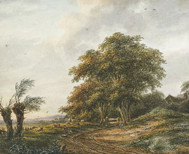 Schelfhout A.  | A shepherd with his flock, watercolour on paper 22.7 x 28.2 cm, signed l.r. and painted between 1810-1812