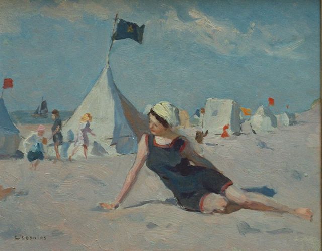 Soonius L.  | An elegant young lady on the beach, oil on panel 24.8 x 30.5 cm, signed l.l.