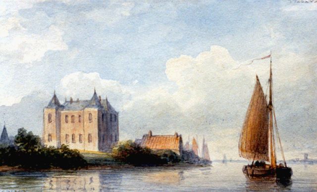 Lodewijk Johannes Kleijn | A view of the river Merwede with Slot Loevestein in the distance, watercolour on paper, 6.3 x 10.3 cm