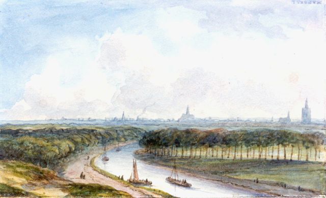 Lodewijk Johannes Kleijn | A view of 'de Trekvliet', with the Hague in the distance, watercolour on paper, 6.5 x 10.5 cm