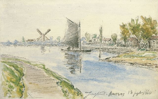 Johan Barthold Jongkind | A river landscape, with a windmill in the distance, Antwerpen, chalk and watercolour on paper, 20.0 x 30.0 cm, signed l.r. with artist's stamp and dated 1860