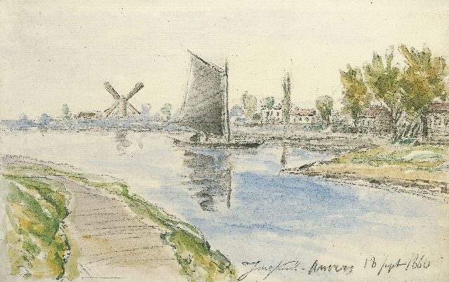 Jongkind J.B.  | A river landscape, with a windmill in the distance, Antwerpen, chalk and watercolour on paper 20.0 x 30.0 cm, signed l.r. with artist's stamp and dated 1860