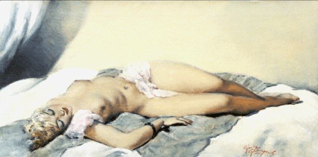Georges Pierre Guinegault | Reclining nude, oil on canvas, 40.2 x 81.5 cm, signed l.r.