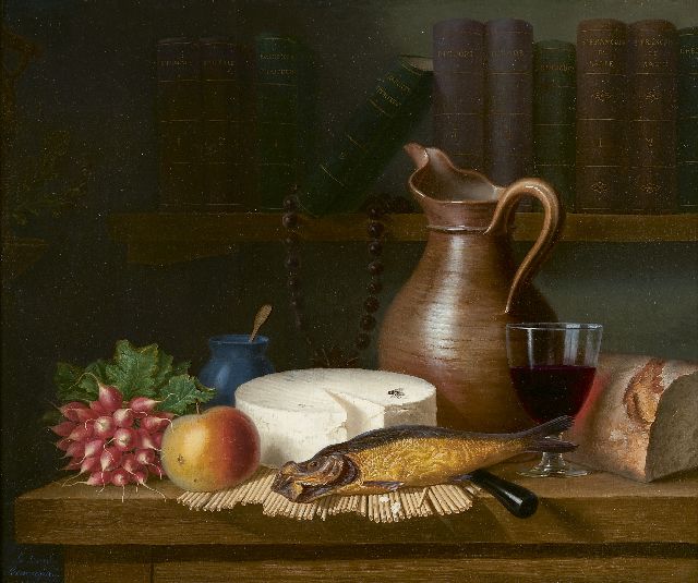 Ange Louis Guillaume Lesourd-Beauregard | Still life with a pitcher, cheese, fish and a glass of wine, oil on canvas, 46.3 x 55.2 cm, signed l.l.