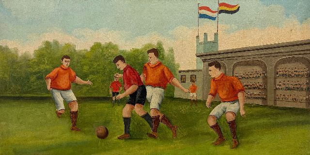 Hollandse Schook, begin 20e eeuw | Soccer players, oil on canvas laid down on painter's board, 44.5 x 88.0 cm, painted circa 1930