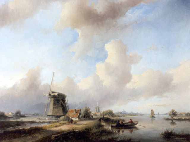 Spohler J.J.  | An extensive river landscape with figures by a windmill, oil on panel 56.3 x 71.7 cm, signed l.l.