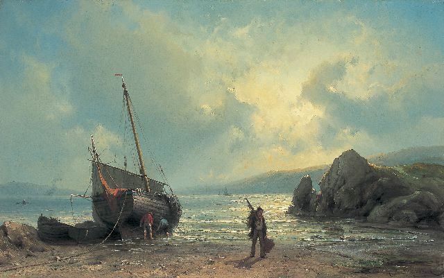 Koekkoek J.H.B.  | A fishing boat on the beach, oil on canvas 42.0 x 67.2 cm, signed l.r.