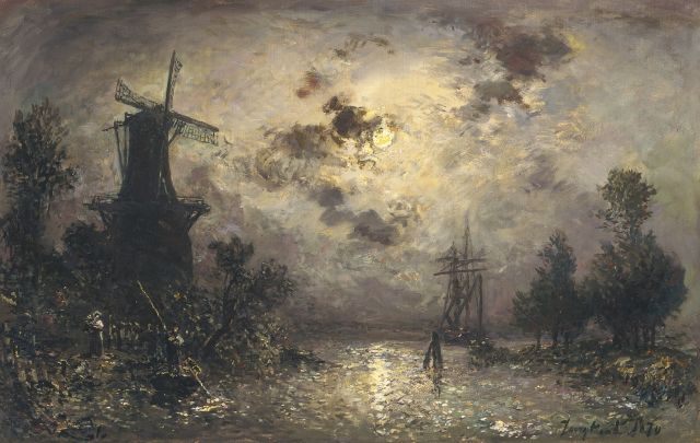 Johan Barthold Jongkind | A moonlit river landscape, oil on canvas, 41.5 x 65.0 cm, signed l.r. and dated 1870