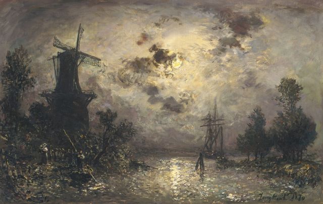 Jongkind J.B.  | A moonlit river landscape, oil on canvas 41.5 x 65.0 cm, signed l.r. and dated 1870