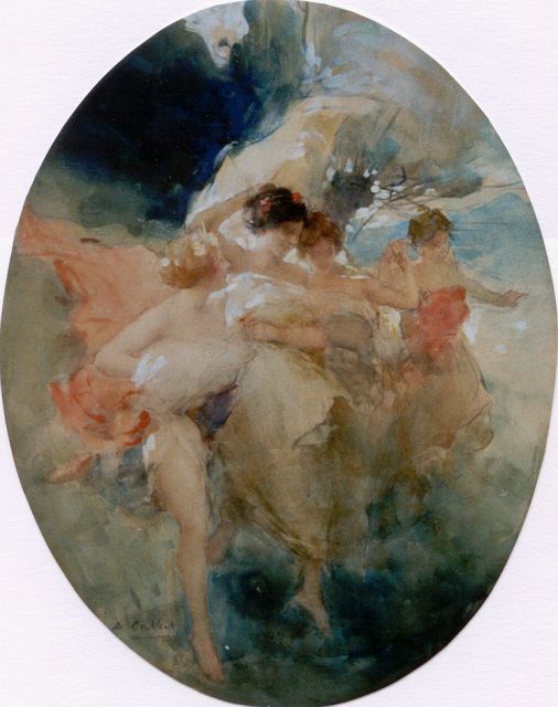 Antoine Calbet | Dancing nymphs, chalk and watercolour on paper, 37.0 x 29.0 cm, signed l.l.