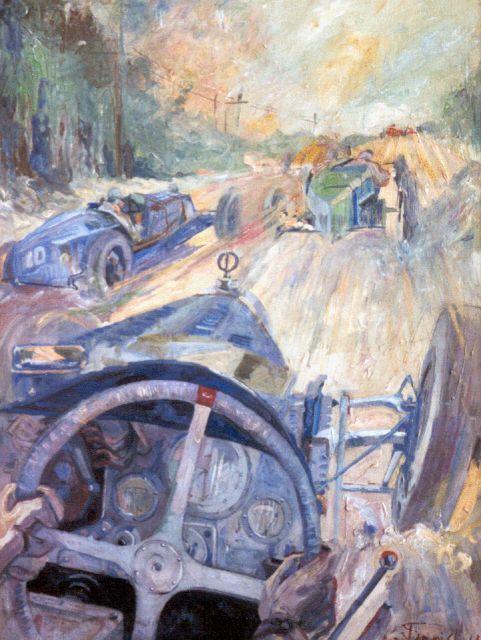 Onbekend | Race met Bugatti's, oil on panel, 79.6 x 60.2 cm, gesigneerd r.o. and te dateren jaren 20
