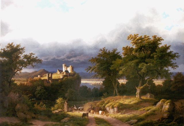 Bimmermann C.  | A landscape with cattle on a path, a castle beyond, oil on canvas 91.5 x 129.0 cm, signed l.l.
