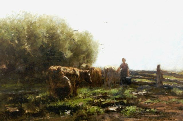 Willem Maris | Milking the cows, oil on canvas, 58.6 x 87.5 cm, signed l.r.