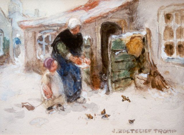 Jan Zoetelief Tromp | Feeding the birds in winter, watercolour on paper, 14.5 x 19.0 cm, signed l.r.