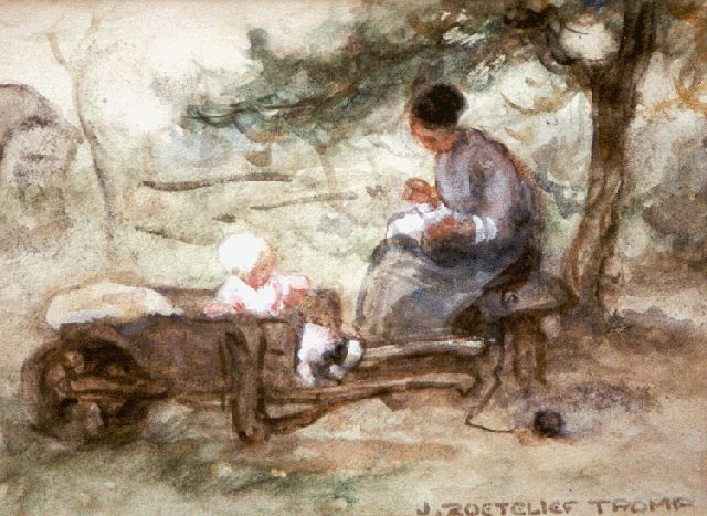 Jan Zoetelief Tromp | Mother and child in the orchard, watercolour on paper, 14.0 x 19.5 cm, signed l.r.