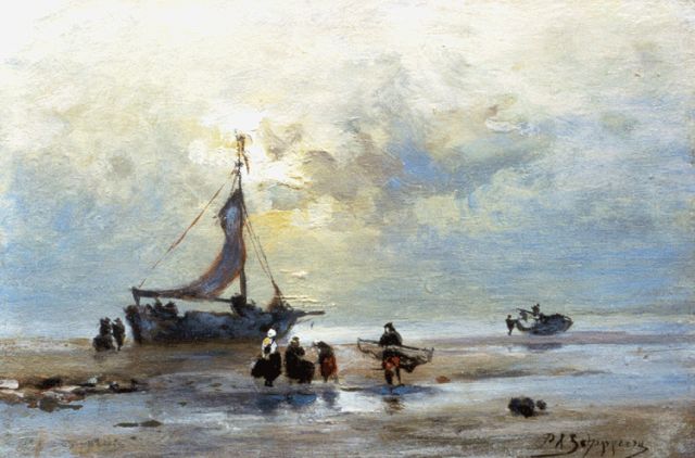 Piet Schipperus | A 'bomschuit' on the beach, Scheveningen, oil on panel, 16.9 x 25.2 cm, signed l.r. and indistinctly l.l.