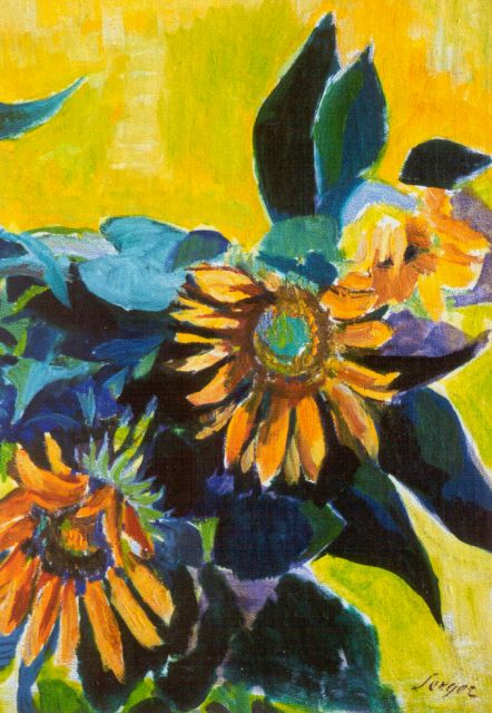 Frederick Bedrich Serger | Sunflowers, oil on canvas laid down on painter's board, 44.3 x 31.2 cm, signed l.r. and painted after 1939