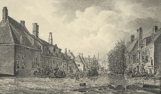 Johannes Hermanus Koekkoek | The Palingstreet in Vlissingen during the 1808 flood, sepia on paper, 15.5 x 25.5 cm