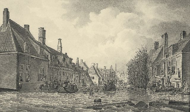 Koekkoek J.H.  | The Palingstreet in Vlissingen during the 1808 flood, sepia on paper 15.5 x 25.5 cm