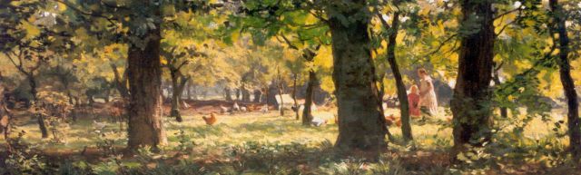 Tholen W.B.  | Feeding chickens, oil on canvas 37.3 x 108.2 cm, signed l.l.