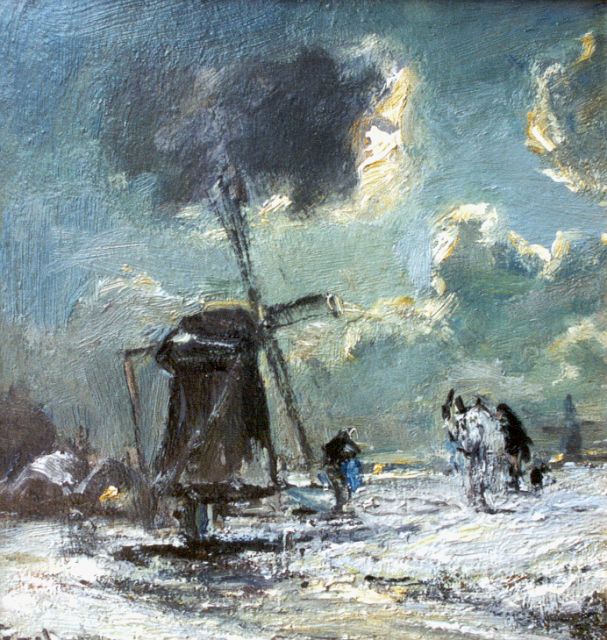 Louis Apol | A windmill in a winter landscape, oil on panel, 19.0 x 18.3 cm, signed l.l.