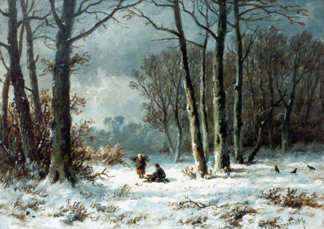 Wijngaerdt A.J. van | Wood gatherer in a winter landscape, oil on panel 23.6 x 33.1 cm, signed signed l.r.
