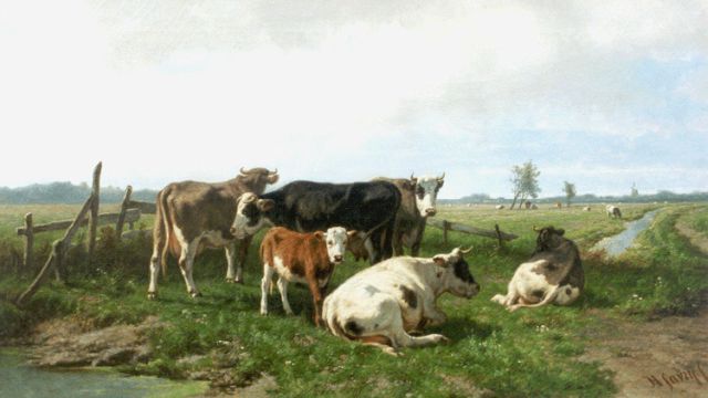 Hendrik Savrij | Cattle in a landscape, oil on canvas, 61.3 x 107.3 cm, signed l.r. and on the reverse and dated 1884 on the reverse