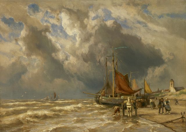 Jan H.B. Koekkoek | 'Bomschuiten' on the beach, Katwijk aan Zee, oil on canvas, 50.4 x 70.1 cm, signed l.l. and on a label on the reverse
