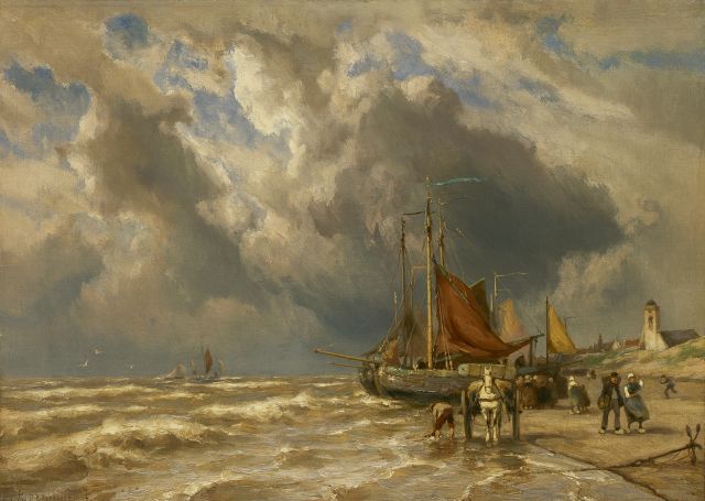 Koekkoek J.H.B.  | 'Bomschuiten' on the beach, Katwijk aan Zee, oil on canvas 50.4 x 70.1 cm, signed l.l. and on a label on the reverse